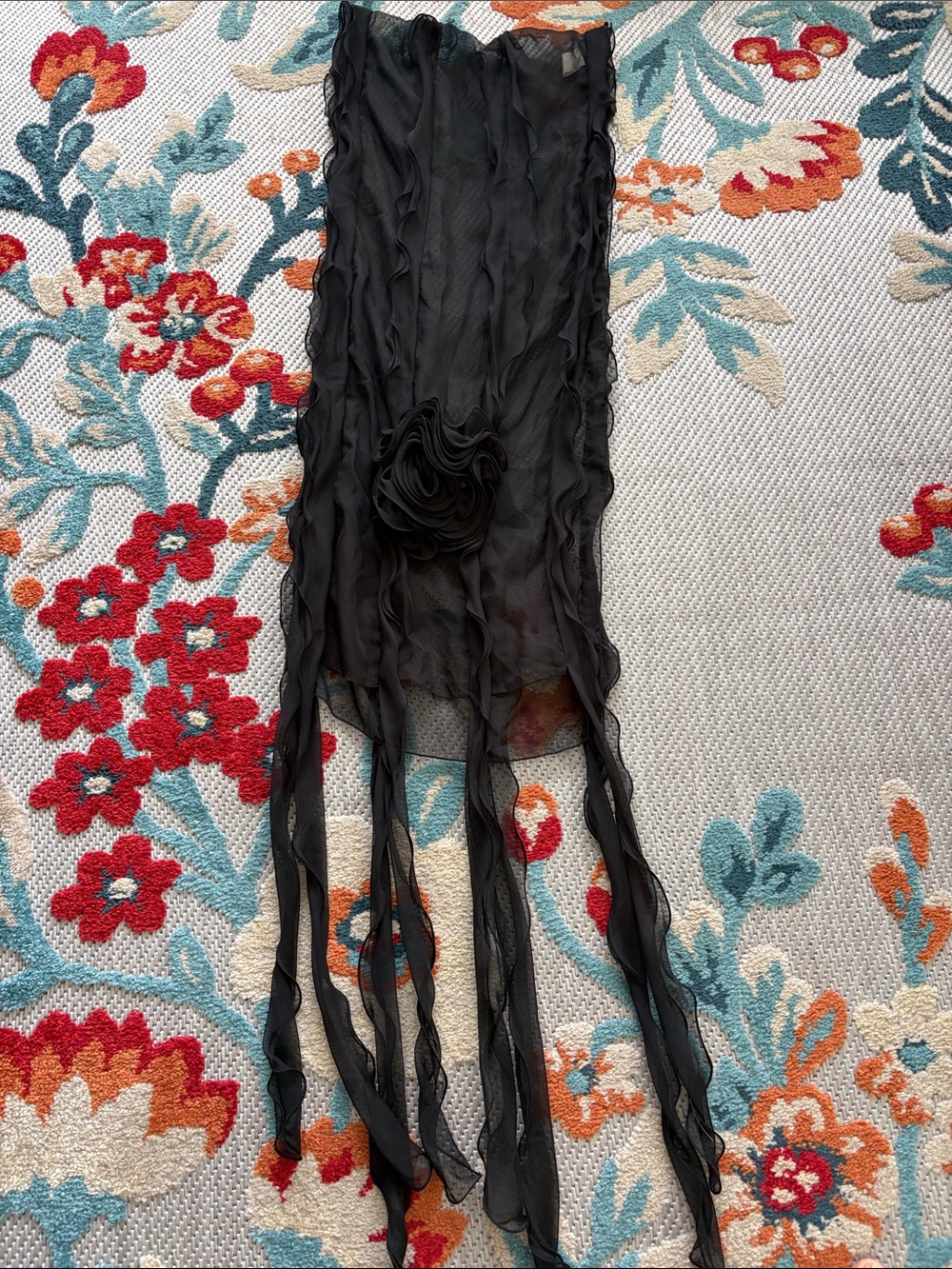 Frank Lyman Design Black Ruffled Chiffon Scarf with Rosette